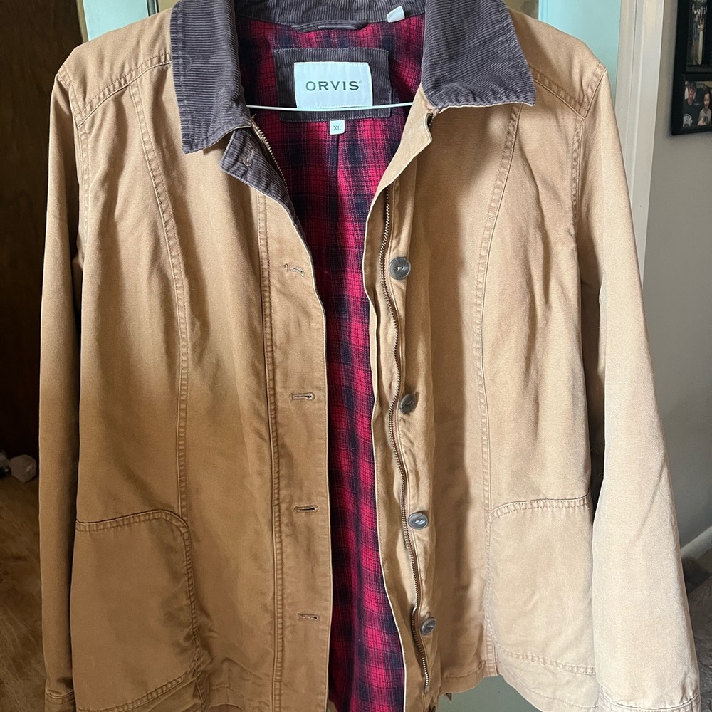 Orvis Tan Utility Jacket with Brown Corduroy Collar and Red Plaid Lining